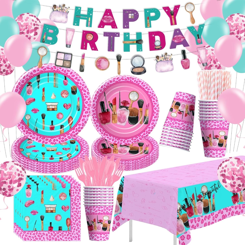Makeup Party Birthday Supplies Disposable Tableware Set - Pink and Blue